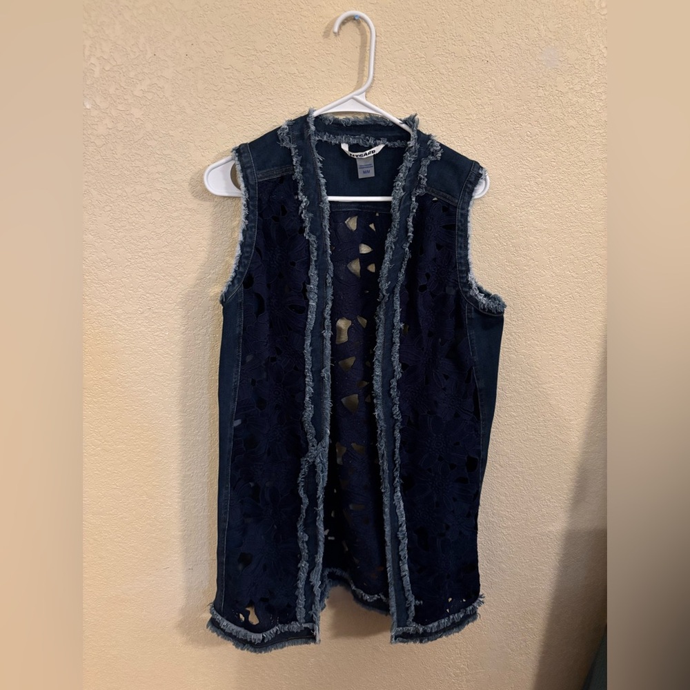 Peter Nygard Blue Denim Cut Out Lace Long Boho Vest with Frayed Details, Sz M